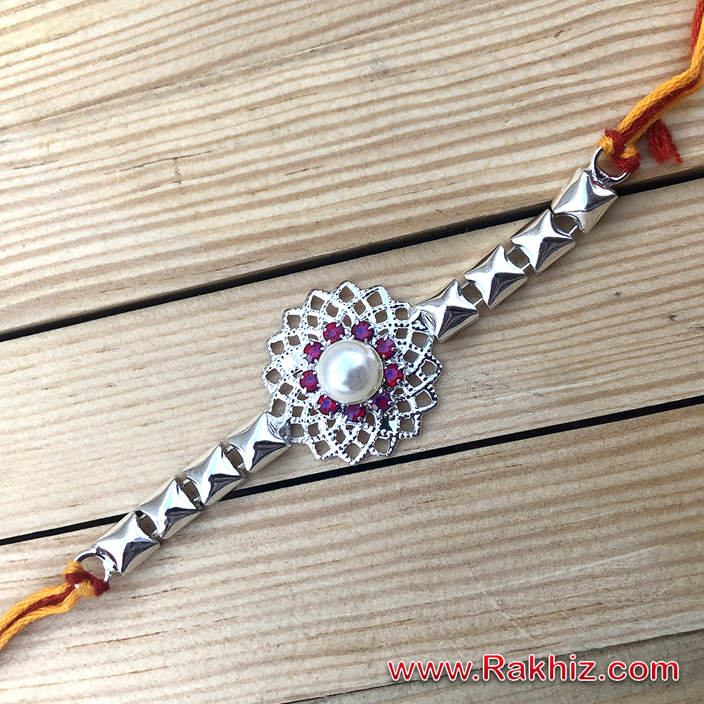 Adorable Silver Design with Red Stones Rakhi Buy Online Designer Rakhi