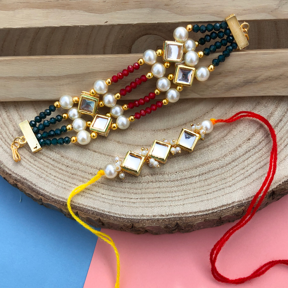 Aditri Creation Rakhi Bhaiya Bhabhi Veera Set Rakhi Lumba Set With Dora For Brother Bhabhi Set Of 3 Pack Thread Bracelet Dori Kalwa For Bhaidooj Tikka Diwali Decorations Indian Traditional Festival