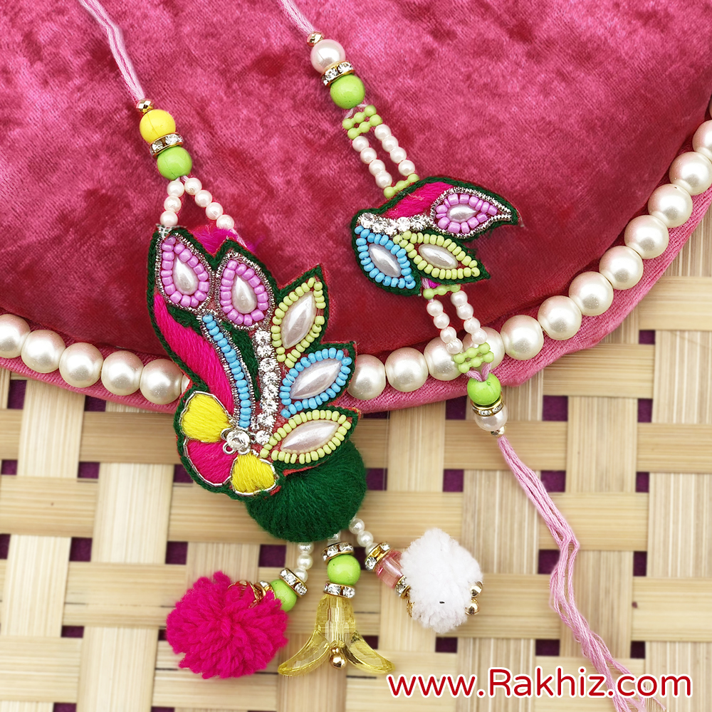 Bhaiya Bhabhi Rakhi Set - Handmade Beaded Silk Rakhi Pair With Roli & Sandal Powder, Rakshabandhan Gift - View #6