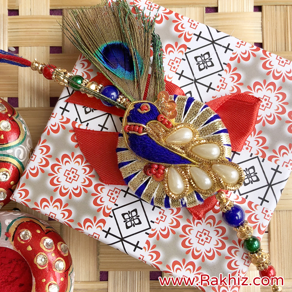 Beautifully Designed Zari Gota Pearl Crafted Rakhi For