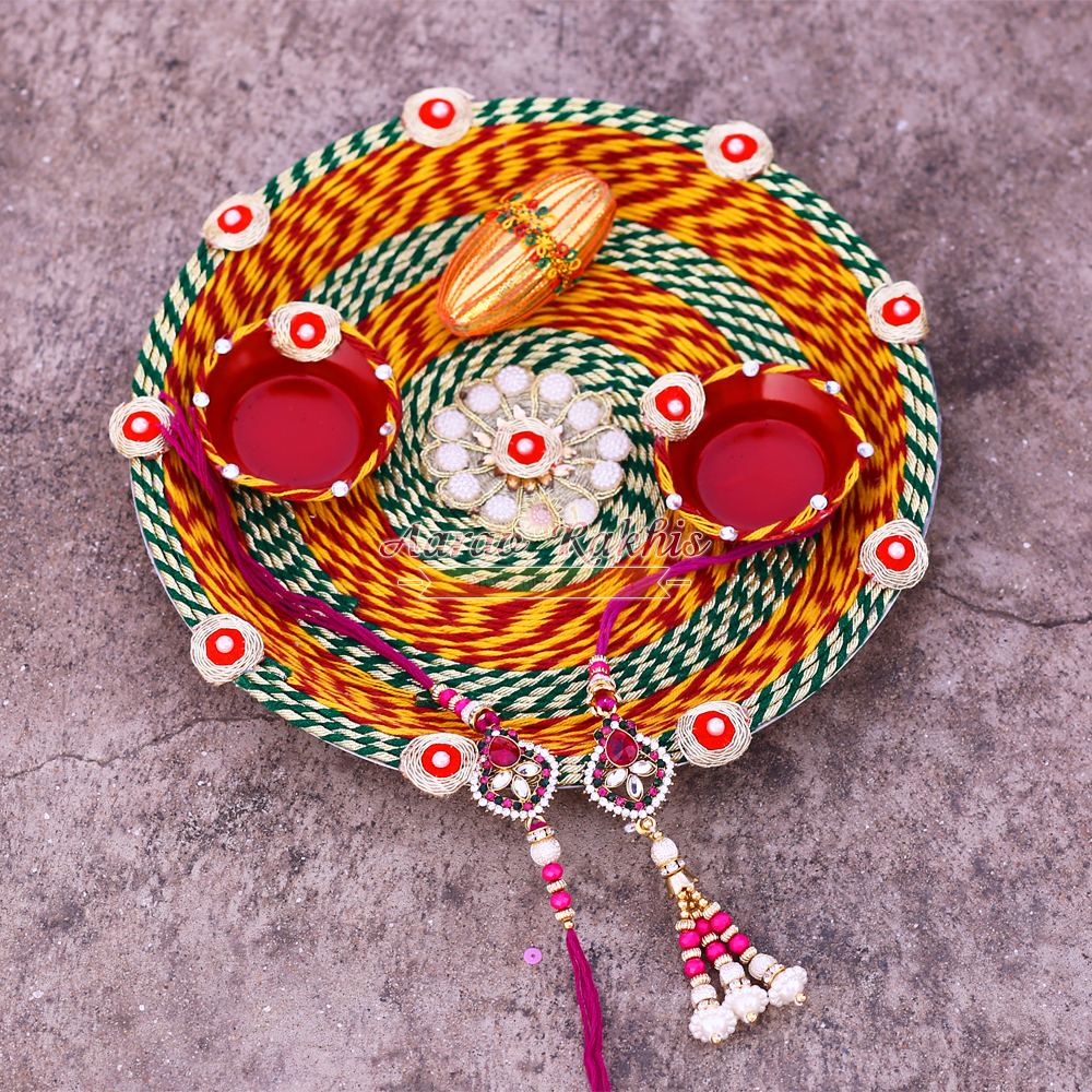 Handmade Rakhi Pooja Thali Of Mouli With Kundan Work Rakhi Pair ...