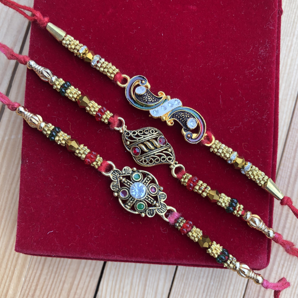 Set of Three Designer Traditional Rakhi with Beads and Multi Color Stone Best Handmade Multi Color Thread Rakhi for Loving Brother/Sibling/Bhai Traditional Rakhee for Kids Indian Hindu Festival 