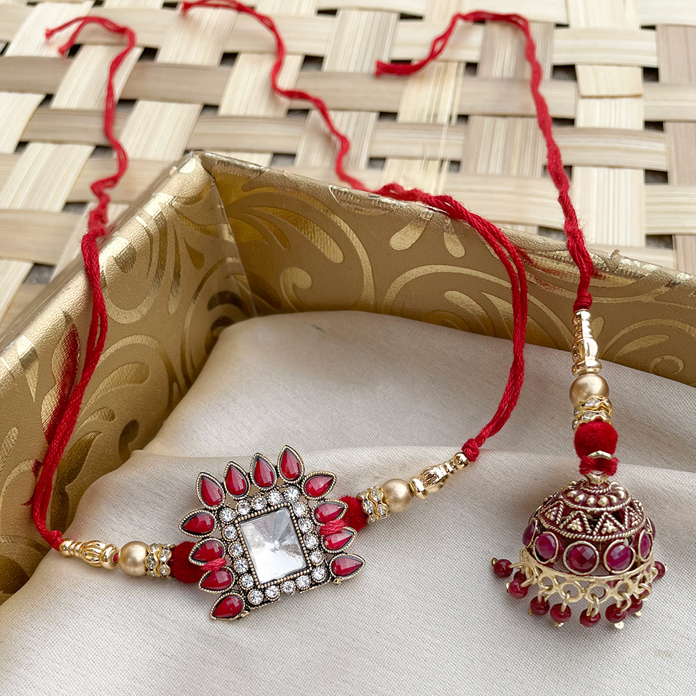 Auspicious Mirror Design Red And White Stone Touch Bhaiya Bhabhi Rakhi