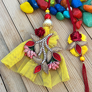 Appealing Red Rose Zardosi Work Thread Rakhi Set