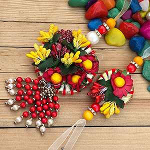 Eye Catching Flower Gota Designed Rakhi Set of Bhaiya Bhabhi