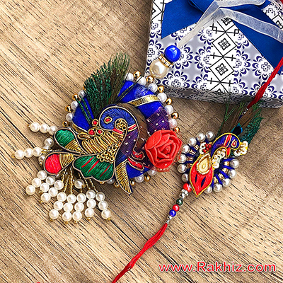 Fetching Zardosi Peacock Feather Designer Pearled Lumba n Rakhi
