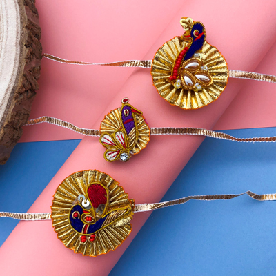 Rajasthan famous Gota patti peacock design Rakhi set of 3