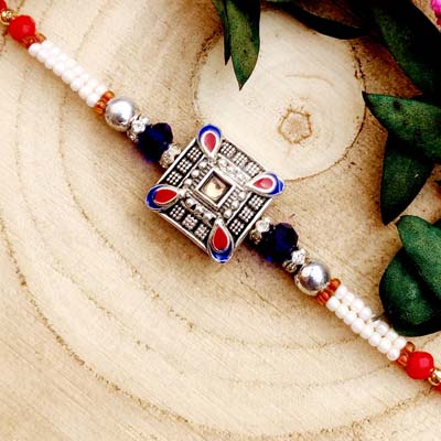 Square design beautiful Rakhi with pearls and thread for bhai