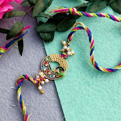 Peacock design colorfull thread with beads Rakhi