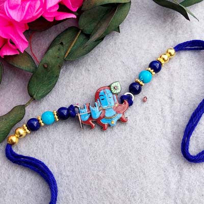 Artistic Lord Shiva Rakhi with Blue Thread and Beads