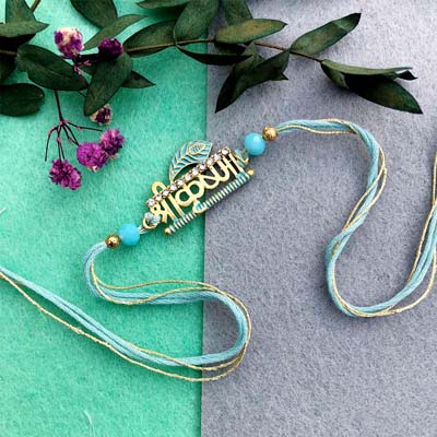 Elegant Blue Thread Rakhi with shree krishna Pendant and Beads