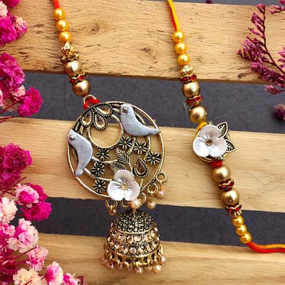 Jhumar design lumba Rakhi N flower based Thread Rakhi combo for couples