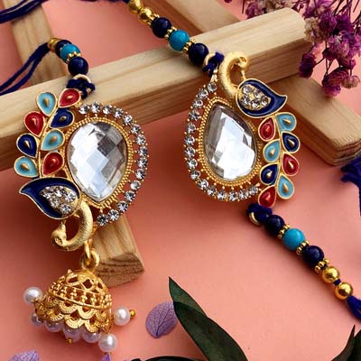 Peacock design Stone full bhaiya bhabhi Lumba and thread Rakhi combo