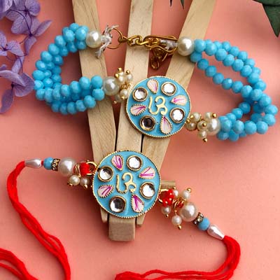 Auspicious Red Thread and blue pearl bracelet Rakhi combo set