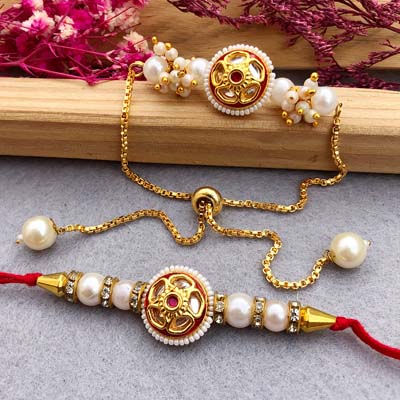 Auspicious pearl bracelet and thread Rakhi combo for Bhaiya bhabhi