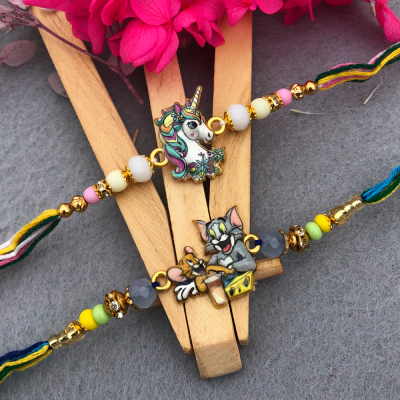 Twin Magic: Tom & Jerry and Unicorn Kids Rakhi Set (Set of 2)