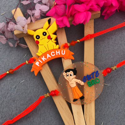 Dynamic Duo Kids Rakhi Set: Pikachu & Chhota Bheem
