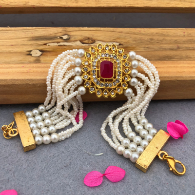 Elegant Pearl & Ruby Bracelet Rakhi