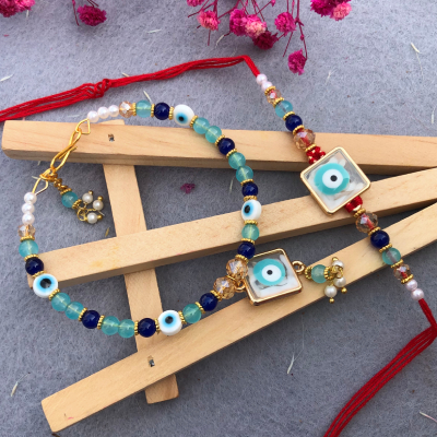 Evil Eye Protection Bhaiya Bhabhi Rakhi Set - Blue & White Beaded Rakhi for Brother & Bhabhi