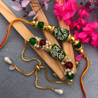 Traditional Green & Gold Bhaiya Bhabhi Rakhi Set - Handcrafted Festive Rakhi for Brother & Bhabhi