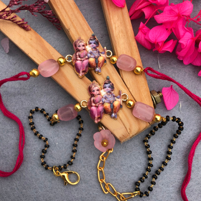 Divine Radha Krishna Bhaiya Bhabhi Rakhi Set - Rose Quartz & Mangalsutra Rakhi