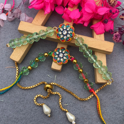 Sparkle Bloom Bhaiya Bhabhi Rakhi Set - Green Crystal & Kundan Rakhi for Brother & Bhabhi