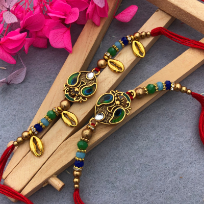 Exquisite Peacock & Cowrie Shell Rakhi Set for Brothers | Traditional & Stylish Rakhis
