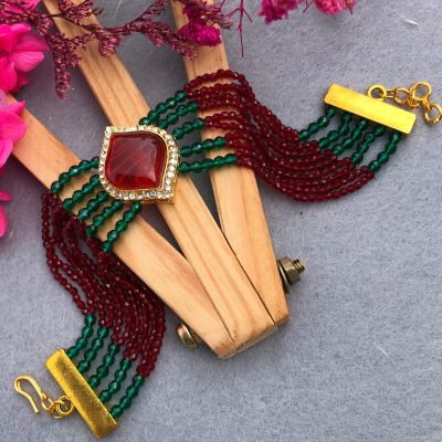 Exquisite Red & Green Beaded Bracelet Rakhi with Gemstone Embellishment