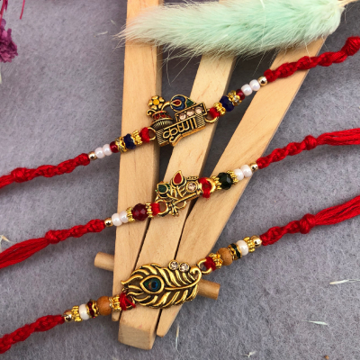 Divine Krishna & Peacock Feather Rakhi Set for Brothers - Set of 3