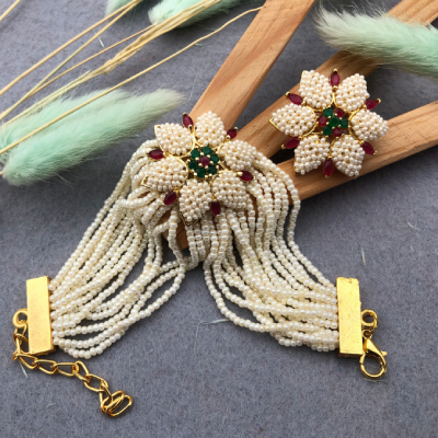 Pearl Flower Bracelet Rakhi with Matching Ring for Sister-in-Law (Lumba Rakhi)