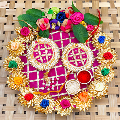 Royal gotta patti design thali with bhaiya bhabhi rakhi