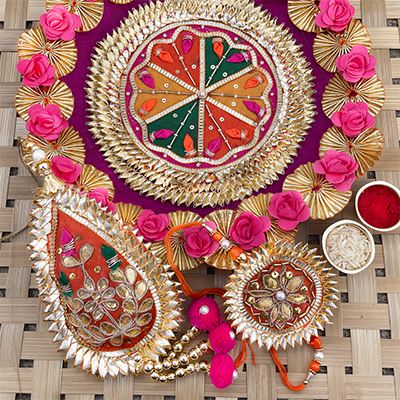 Pink and golden flower Combo Design Rakhi Thali