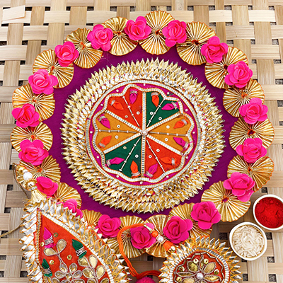 Pink and golden flower Combo Design Rakhi Thali