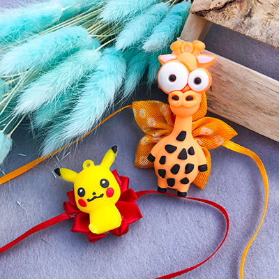 Attractive Pikachu n Giraffe kids Rakhi combo