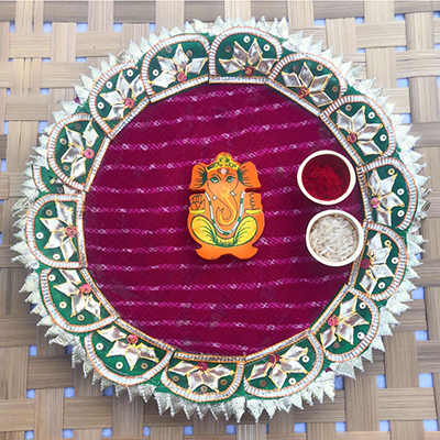 Gotta patti design lehariya based thali for puja, Rakhi
