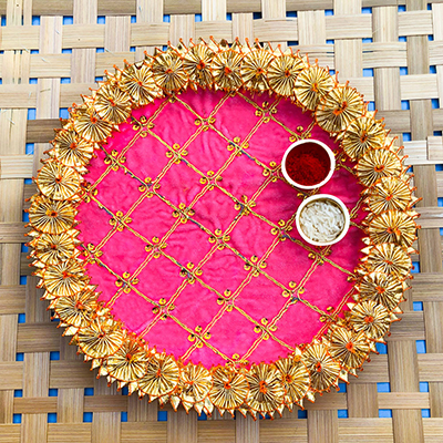 pretty Pink base Gota flower design puja thali