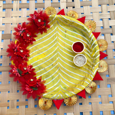 Traditional Gota flower design light green base puja Thali