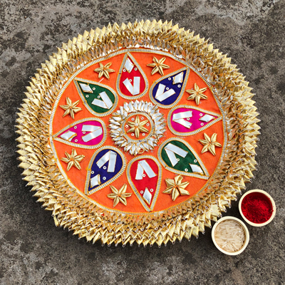 traditional Gota patti design orange base designer puja Thali