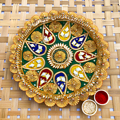 green based Gota worked designer puja thali