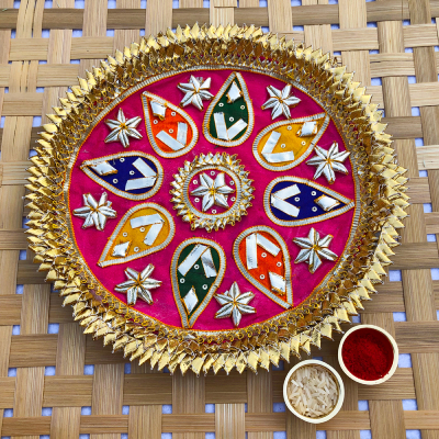 Gota patti design beautiful pink puja Thali