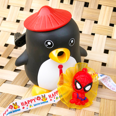 kids Favorite Spiderman Rakhi & penguin face sharpener combo