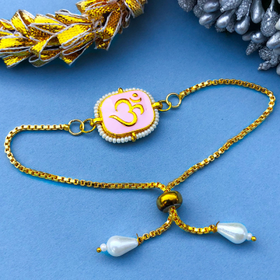 precious peach based Golden Om logo chain bracelet Rakhi