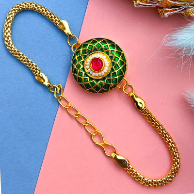 Designer Green golden chain base bracelet Rakhi for womens