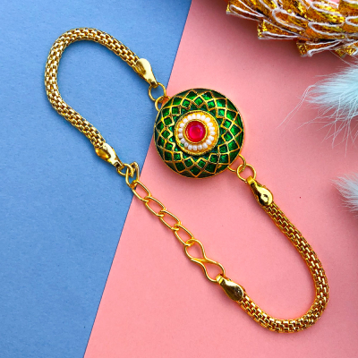 Designer Green golden chain base bracelet Rakhi for womens