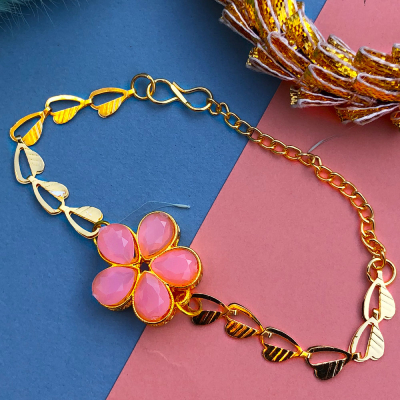 peach stone flower design golden chain bracelet Rakhi for womens