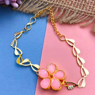 peach stone flower design golden chain bracelet Rakhi for womens