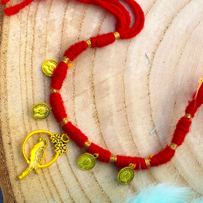 bird with coin design Red thread Rakhi for bhaiya bhabhi