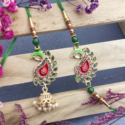 Beautiful peacock design lumba and thread Rakhi combo