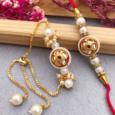 Auspicious pearl bracelet and thread Rakhi combo for Bhaiya bhabhi