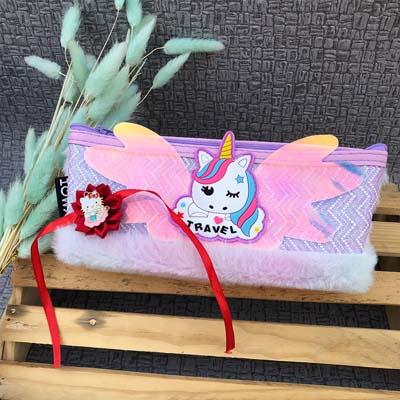 Flower based kids cartoon character Rakhi with unicorn pouch combo